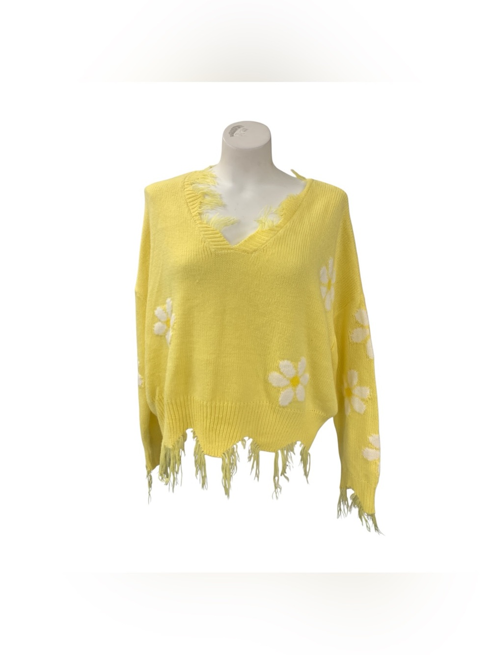 Polly & Esther Sunny Yellow Daisy V-Neck Sweater Size L